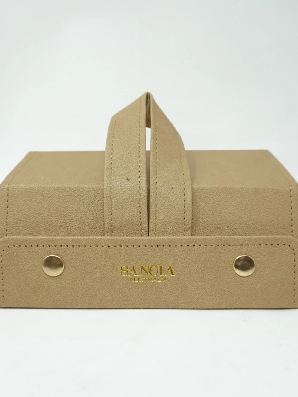 Sancia Australia 3-compartment tan faux leather sunglasses case box.